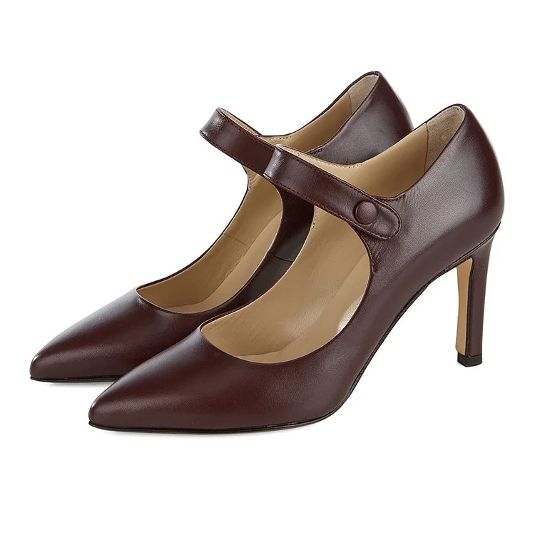 Dark Maroon Pointy Toe Mary Jane Pumps Vintage Style Office Shoes |FSJ Shoes