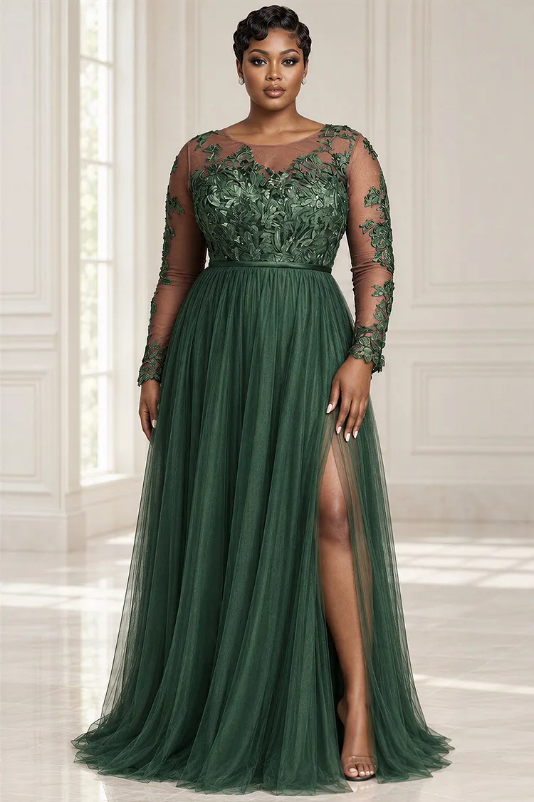Xpluswear Design Plus Size Formal Tulle Emerald Green Round Neck Lantern Sleeve Long Sleeve See Through Split Lace Maxi Dresses [Pre-Order] 2024 - Xpluswear