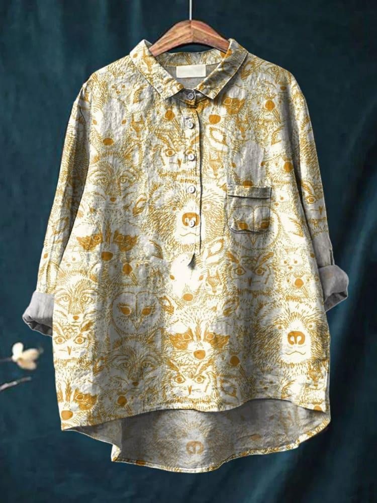 Vintage Funny Animals Art Print Casual Cotton And Linen Shirt