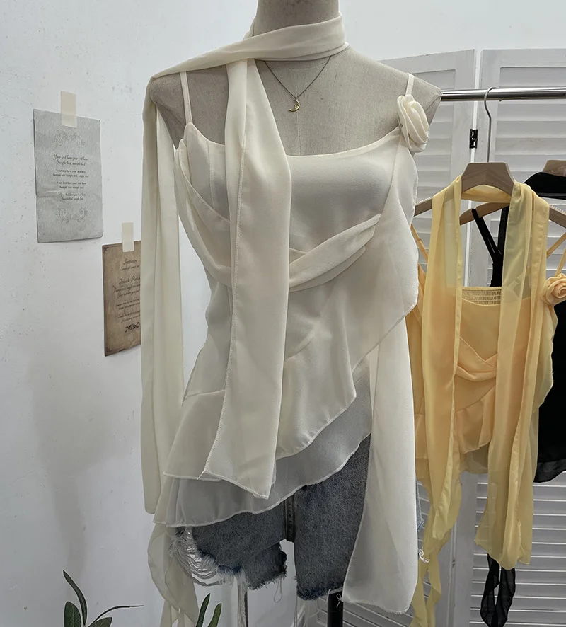 Nigikala Nigikala Irregular Lotus Leaf Edge Ribbon Ribbon Sling Sling Waist Neck Tie With Short Top 9239