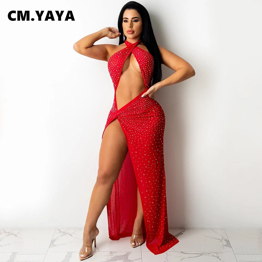 CM.YAYA Women Hot Rhinestones Halter Neck High Slit Sexy Maxi Dress Mesh See Though INS Sexy Party Autumn Winter Long Dresses
