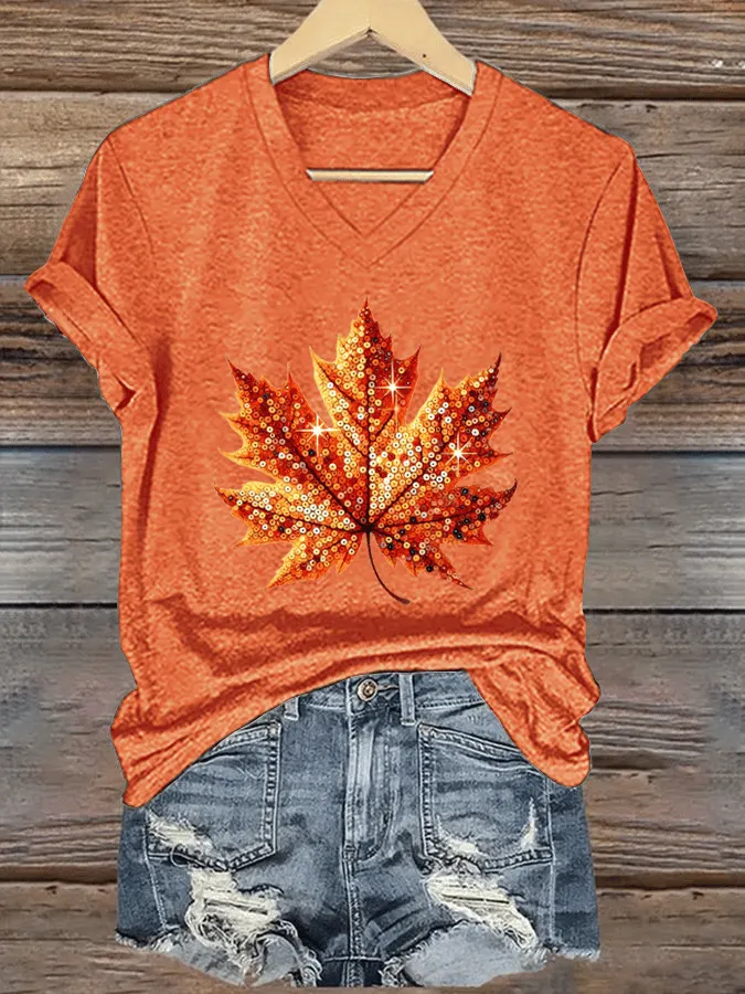 Women's Autumn Sequin Maple Leaf Print V-Neck T-Shirt 