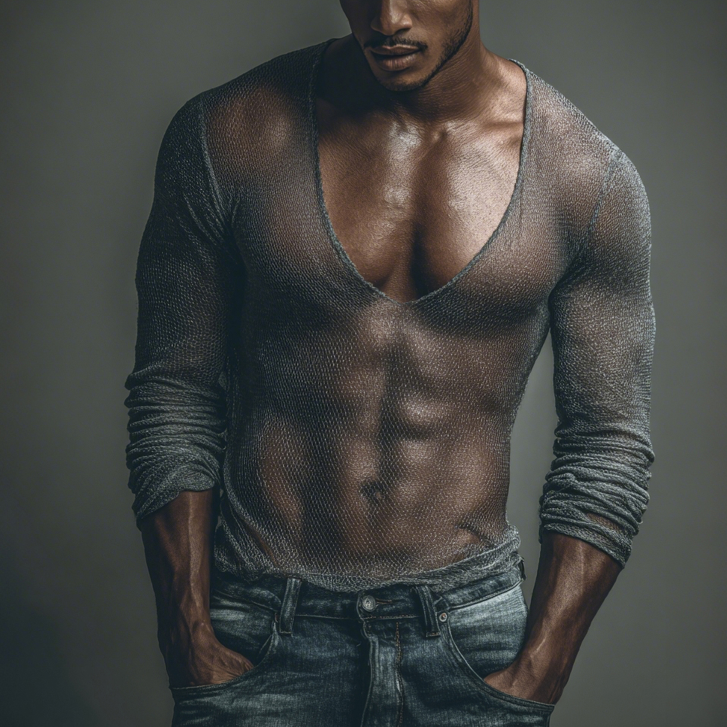 Deep V-Neck Long Sleeve Sheer Top for Men