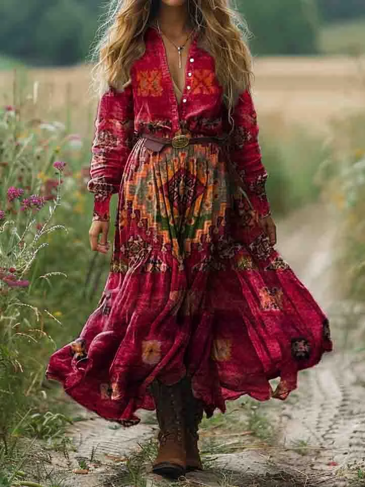 Women's Ethnic Floral Art Print Pocket Cotton Dress