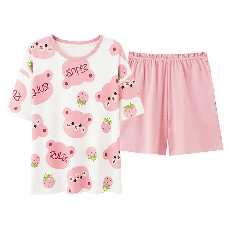 Bear Strawberry Print Summer Cotton Pajamas Set - Modakawa modakawa