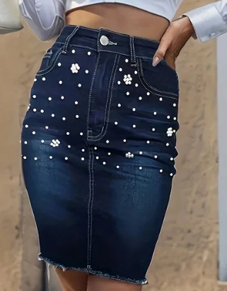 Women's Buttocks Wrapped Half Skirt Bead Denim Skirt
