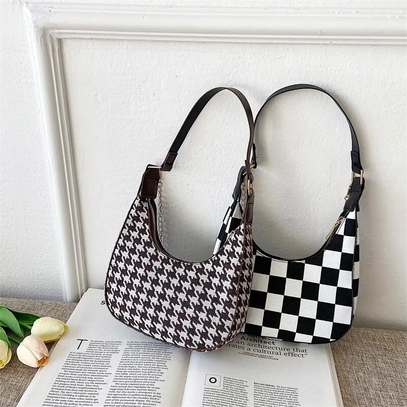 Plaid Canvas Women's Bag New PU Leather Crescent Shoulder Bag Fashionable Simple Zipper Pure Color Handbags for Women 2022