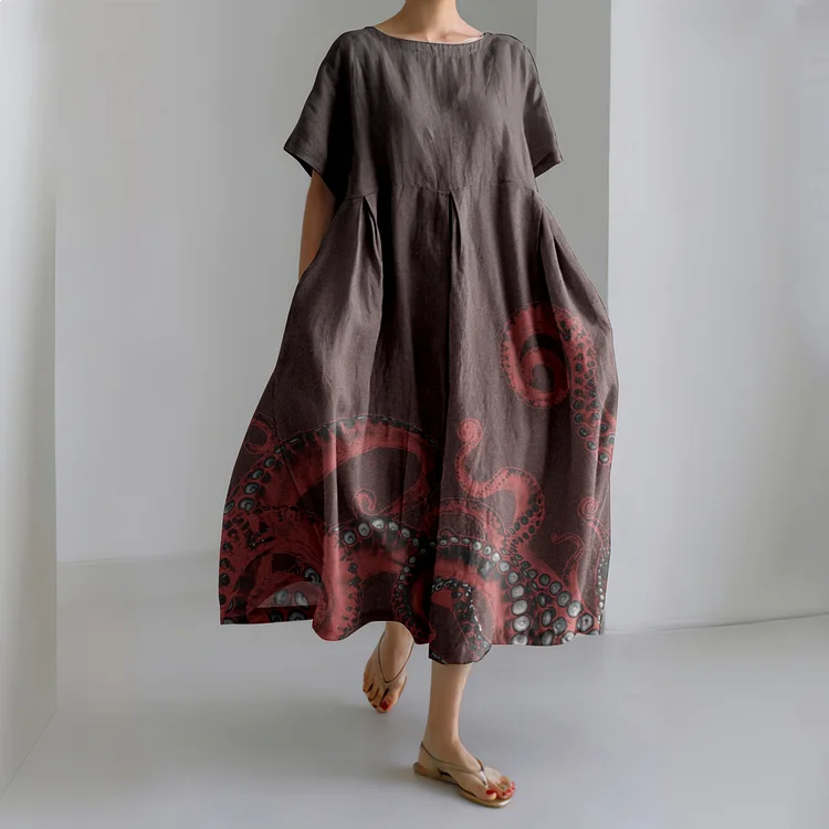 Japanese Octopus Art Linen Blend Casual Dress