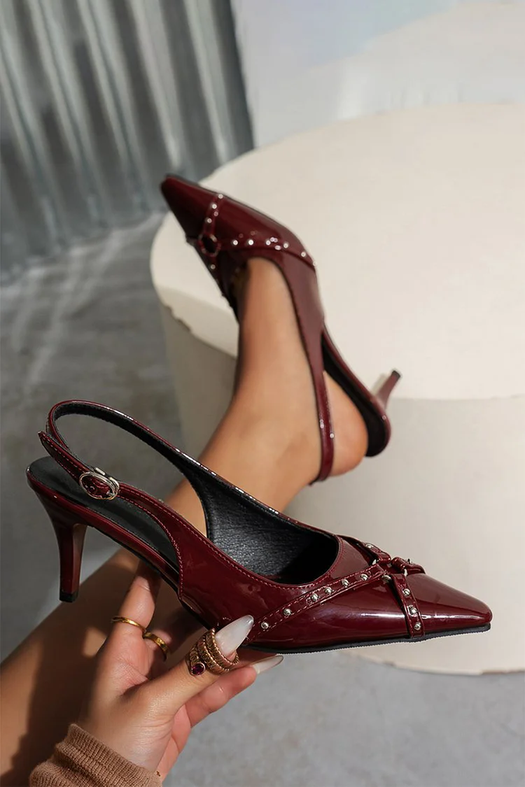 Metal Rivets Decor Cross Strap Pointed Toe Slingback Stiletto Heels