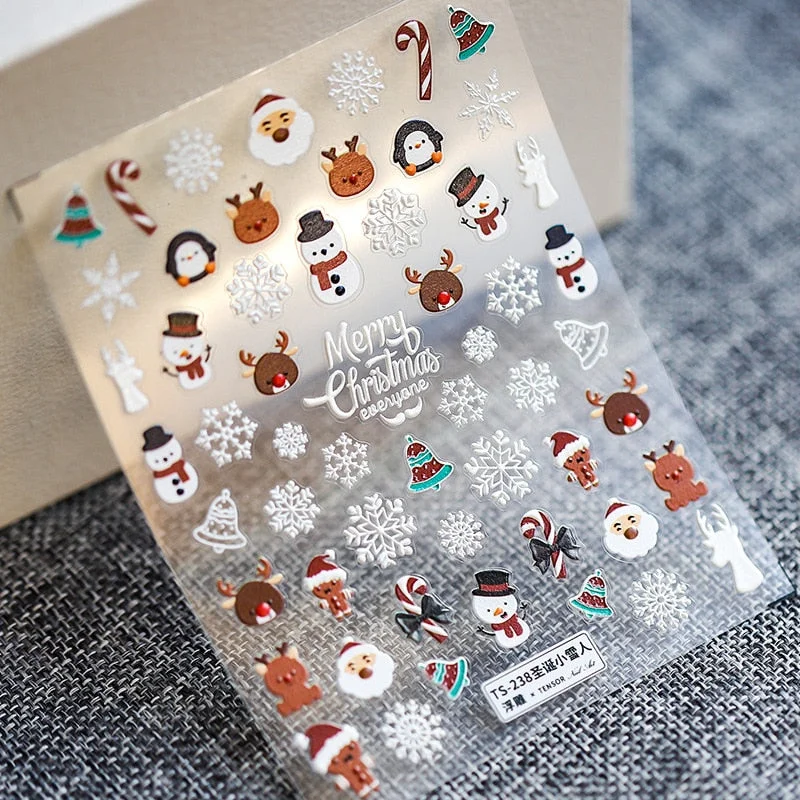 5D Nail Art Stickers Christmas SnowFlake Snowman Deer Tree Design Three-dimensional Frosted Thin Relief Nail Art Charms Decor