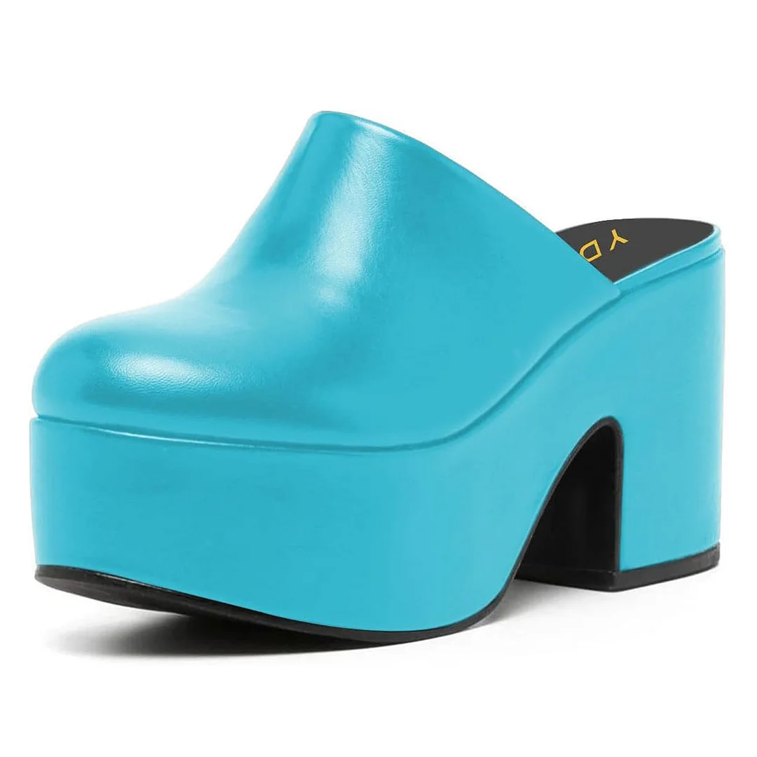 Light Blue Vegan Leather Chunky Heel Round Toe Platform Mules