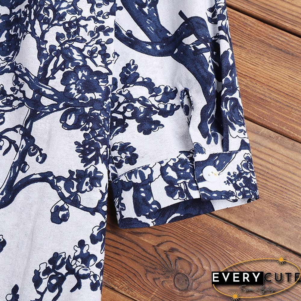 Womens Fashion Casual Cotton Top Autumn Floral Print Neck Sleeve Baggy Retro Shirt Blouse