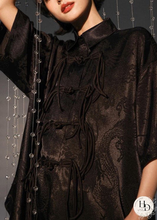 Retro Black Chinese Button Tasseled Patchwork Silk Shirt Tops Summer