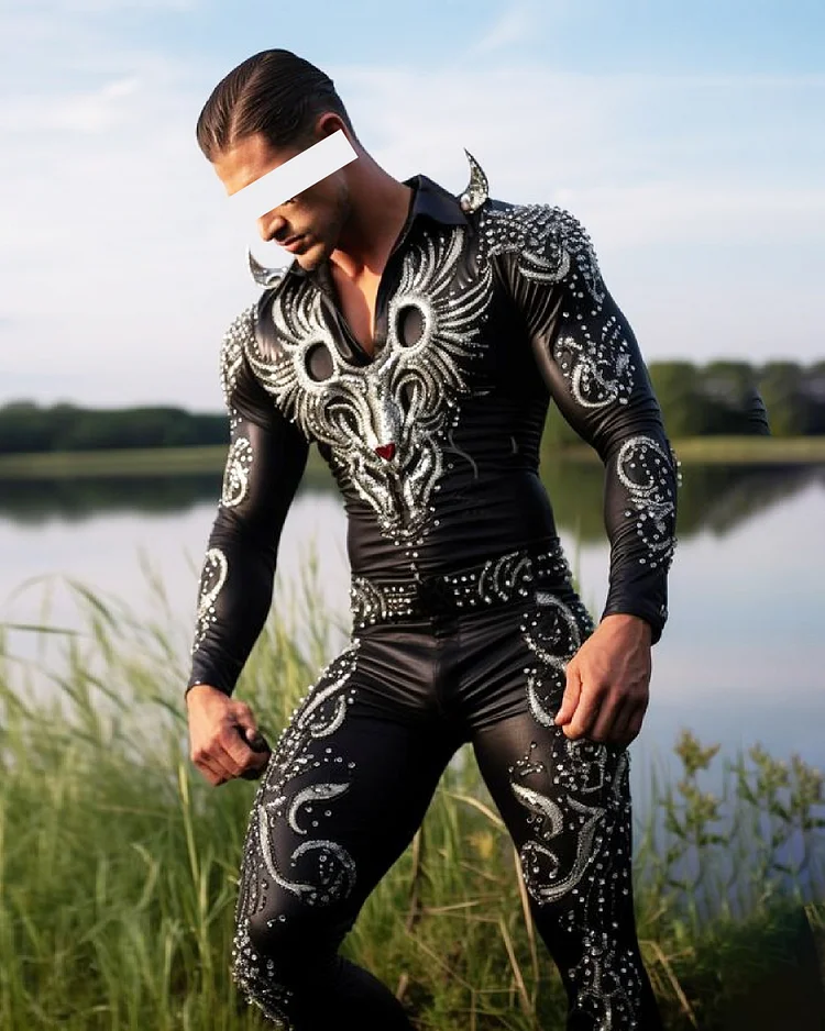 Men's Casual Animal Sequin Zipper Jumpsuit