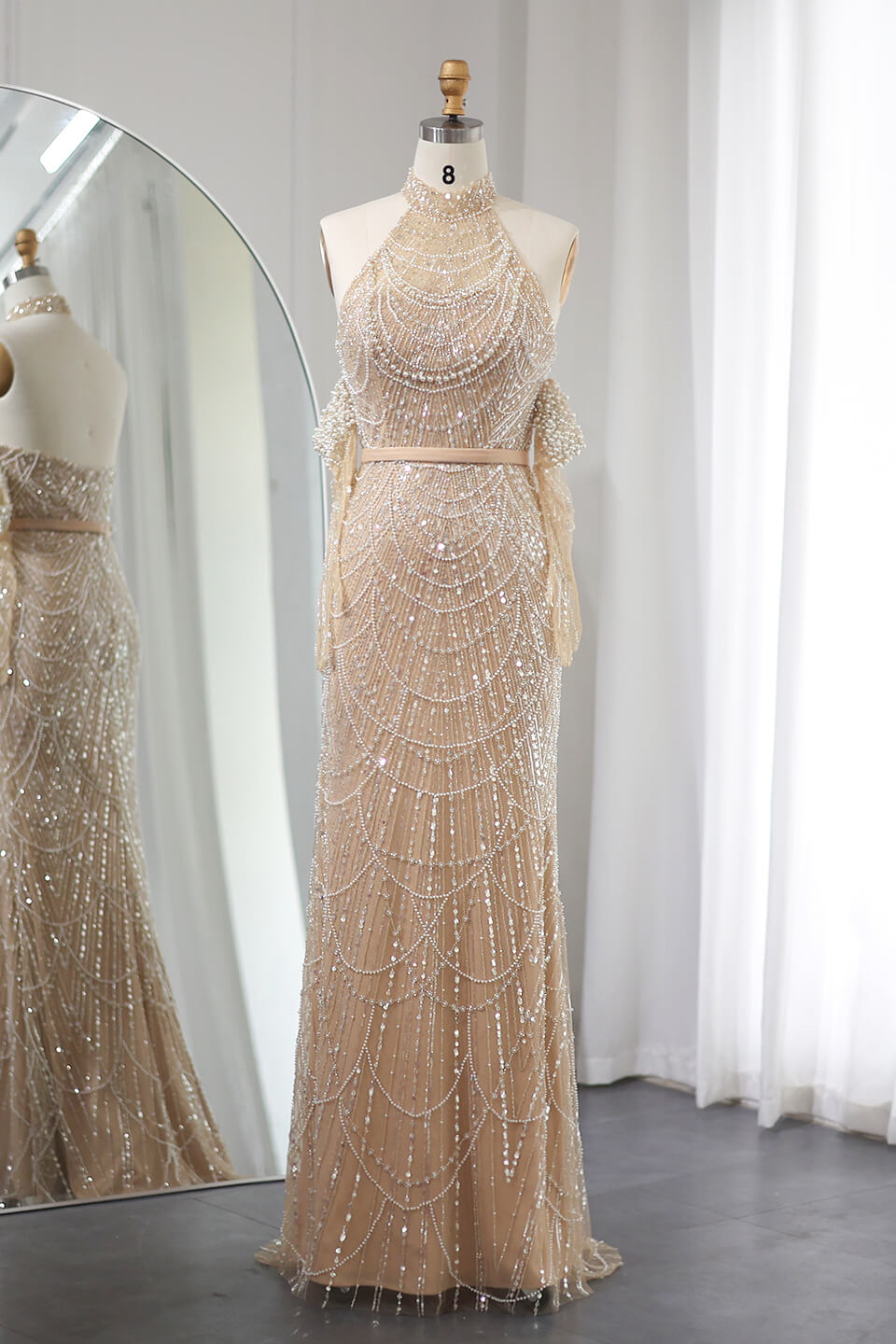 Bellasprom High Neck Sleeveless Pearl Prom Dresses Mermaid Off-the-Shoulder Long Sleeves Bellasprom
