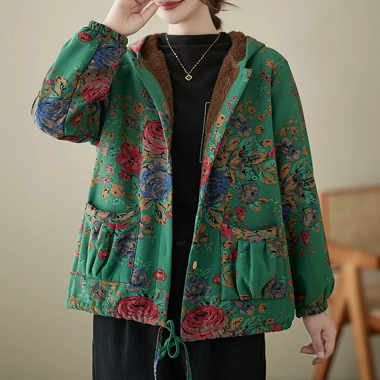 Womens Cotton Coat Floral Vintage Pattern Single-breasted Hoodie Coat Outerwear
