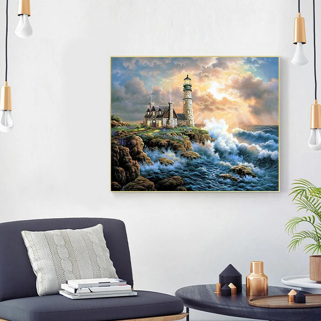 Full Cross Stitch 11CT Cotton Thread DIY Seaside Lighthouse Printed Crafts