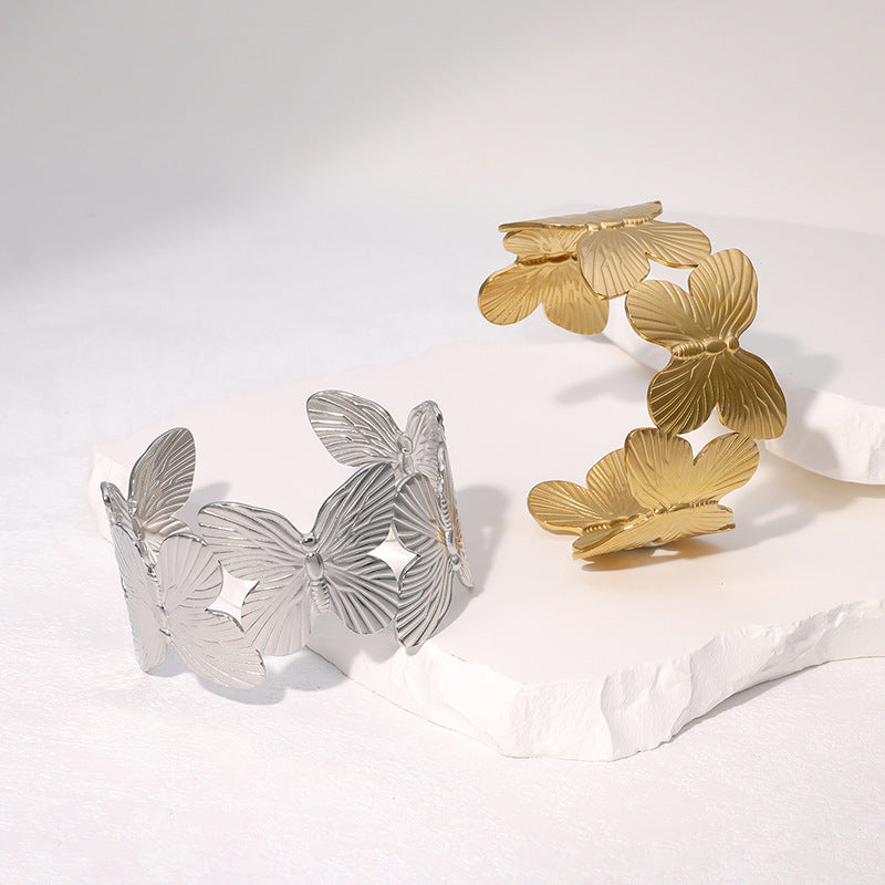 Retro Wide Stainless Steel Bracelet Wide Version Exaggerated Personality Butterfly Antique Gold-Plated Bracelet