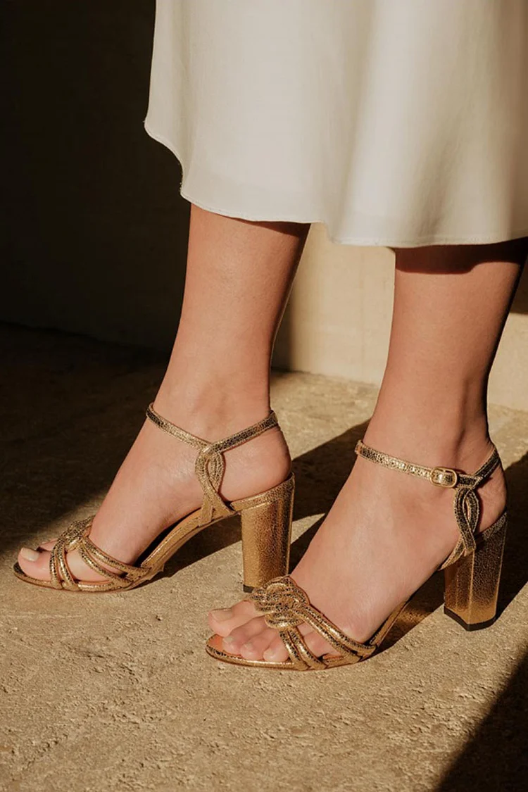 Knotted Straps Metallic Sheen Gold Chunky Heels [Pre Order]