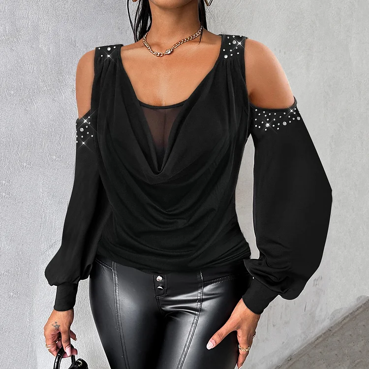 Fashion Cold Shoulder Rhinestone Mesh Drape Neck Lantern Sleeve Blouse