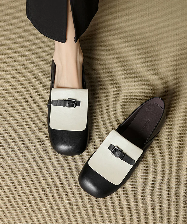 Beige Cowhide Leather Splicing Loafers For Women