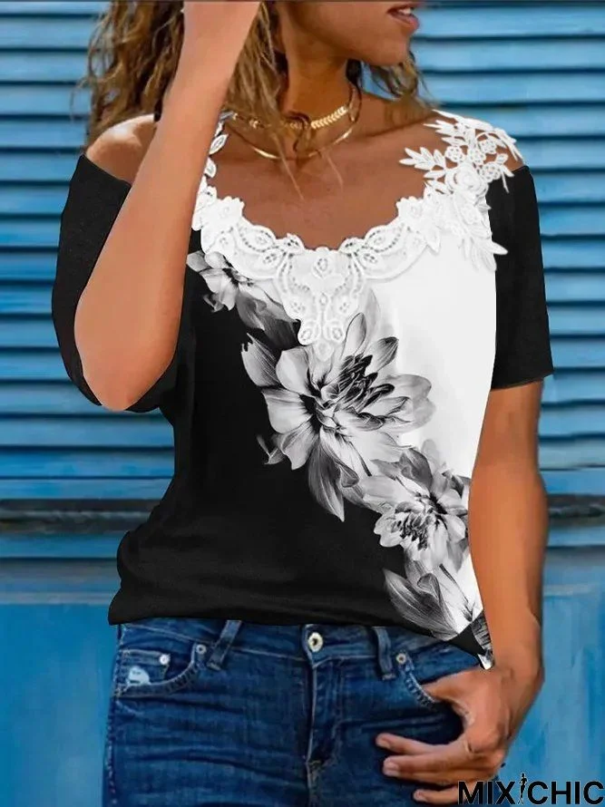 Floral Print Colorblock Contrast Lace Cold Shoulder Top