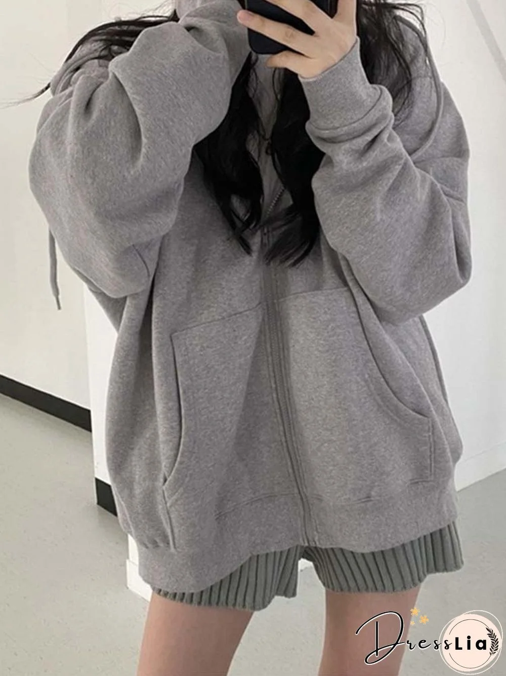 Women Hoodies Harajuku Korean Version Loose Sweatshirts Vintage Solid Color Long Sleeve Hooded Sweatshirt Zipper Coats