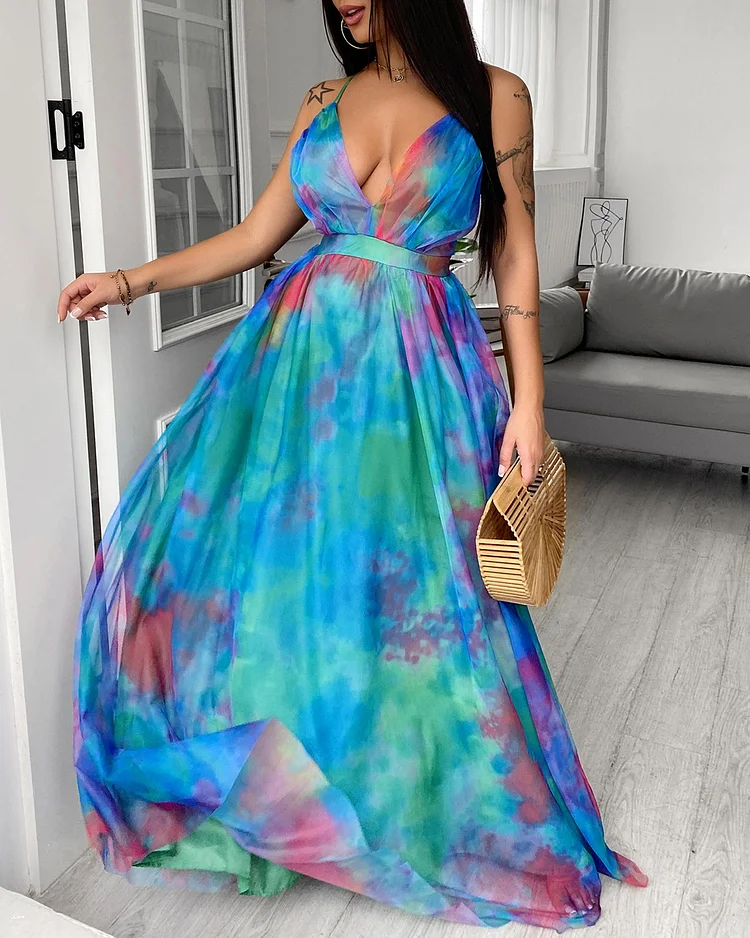 Tie Dye Print Crisscross Backless Mesh Prom Dress P7366149713