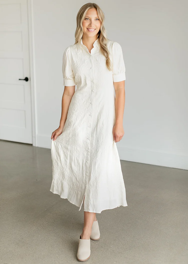 Embroidered Button Up Maxi Shirtdress