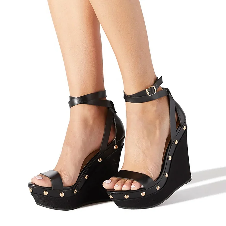 Black Studs Wedge Sandals Ankle Strap Open Toe Platform Heels Vdcoo
