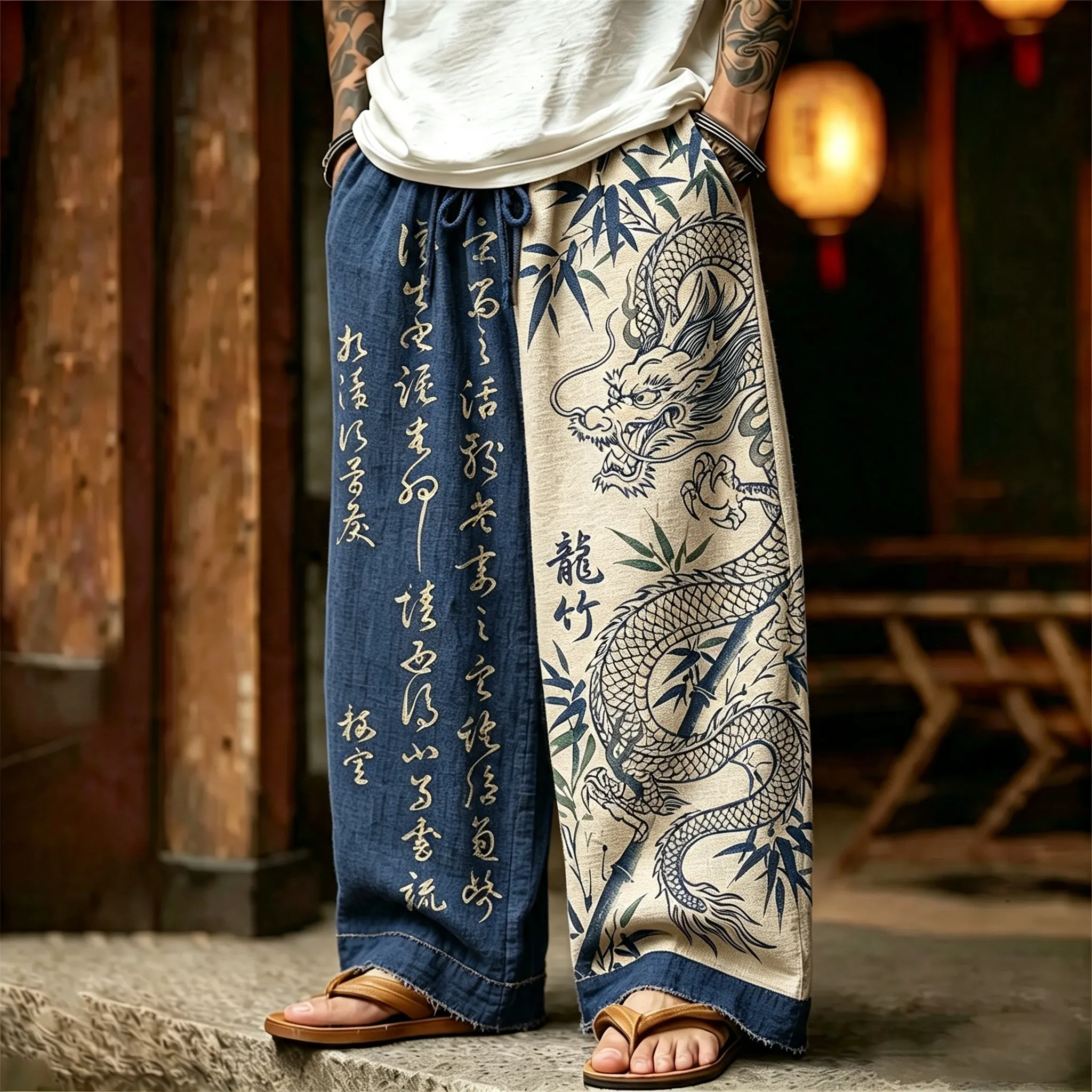 Men's Vintage Japanese Calligraphy Dragon Art Print Casual Pants  artssus