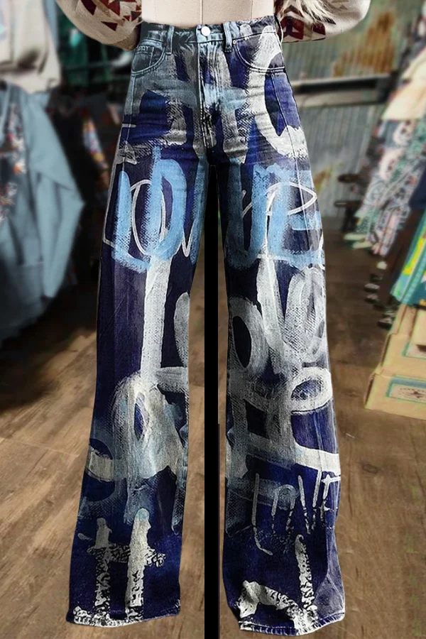 Chic Love Print Wide Leg Pants