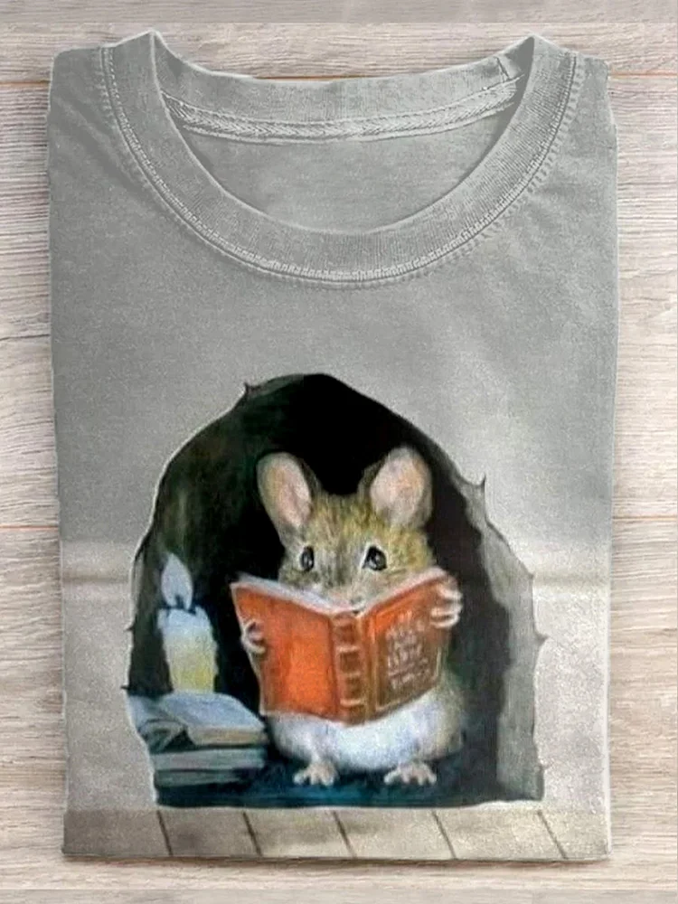 Unisex Funny Mouse Illustration Printed Casual Short-Sleeved T-Shirt