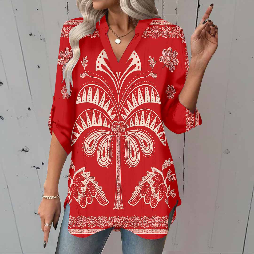 Women Tropical, Red,Ladynora DZGA0084 3/4 Sleeve V-neck Printed Graphic Button Tops