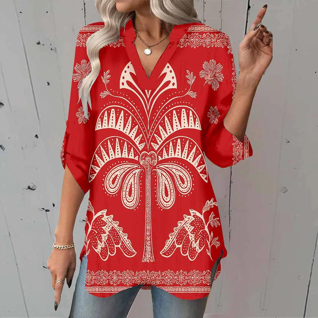 Women Tropical, Red,Ladynora DZGA0084 3/4 Sleeve V-neck Printed Graphic Button Tops