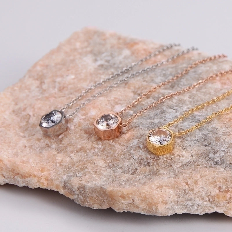 Stainless Steel 18K Gold Plated Rose Gold Plated Princess Wedding Shiny Plating Inlay Hexagon Zircon Pendant Necklace