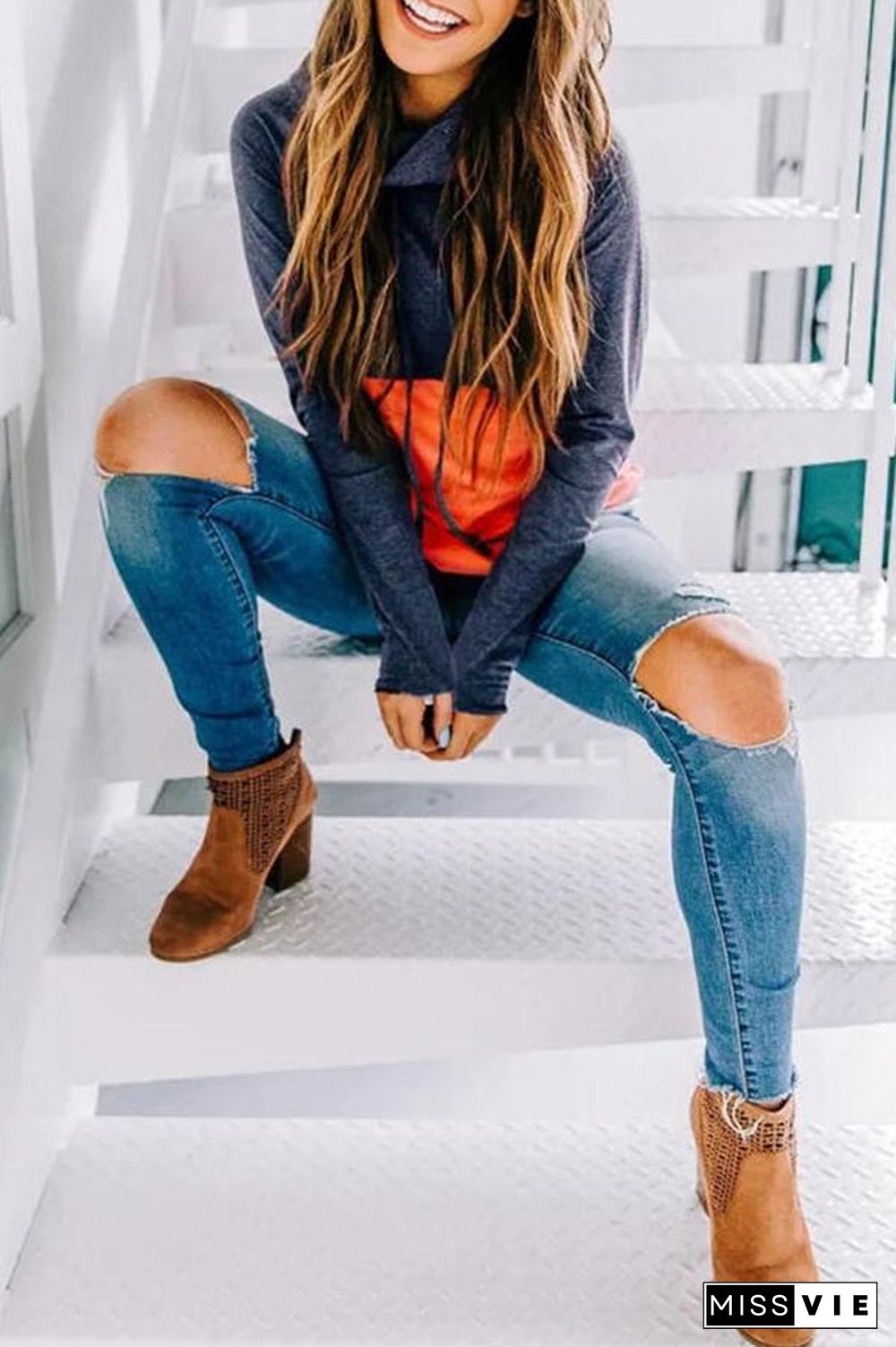 Long Sleeve Color Block Hooded Sweatshirt P13301