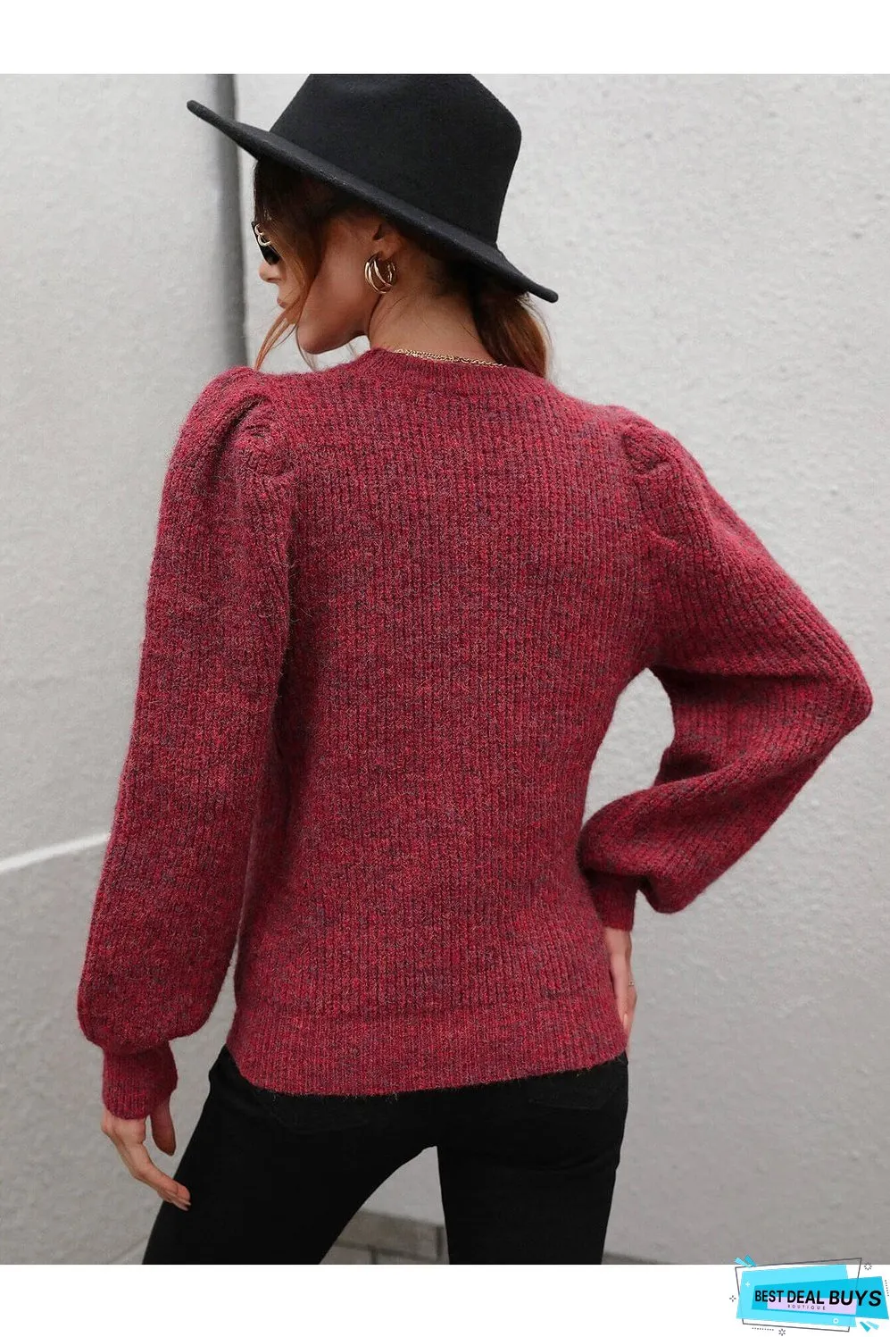 Heathered Long Lantern Sleeve Rib-Knit Sweater