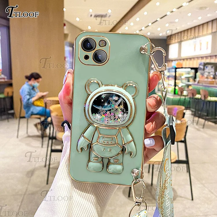 Quicksand Space Bear Folding Stand Crossbody Lanyard Case For Samsung Galaxy S23 S22 S21 Ultra S20 FE S10 Note 20 10 Plus Cover