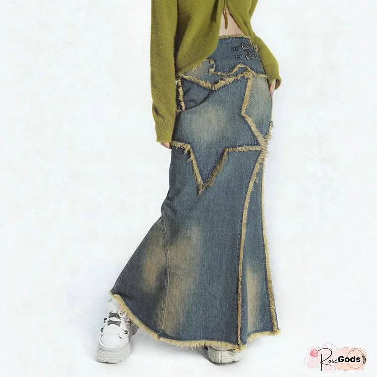 Fashion Blue Tasseled Nail Bead High Waist Denim Skirts Fall