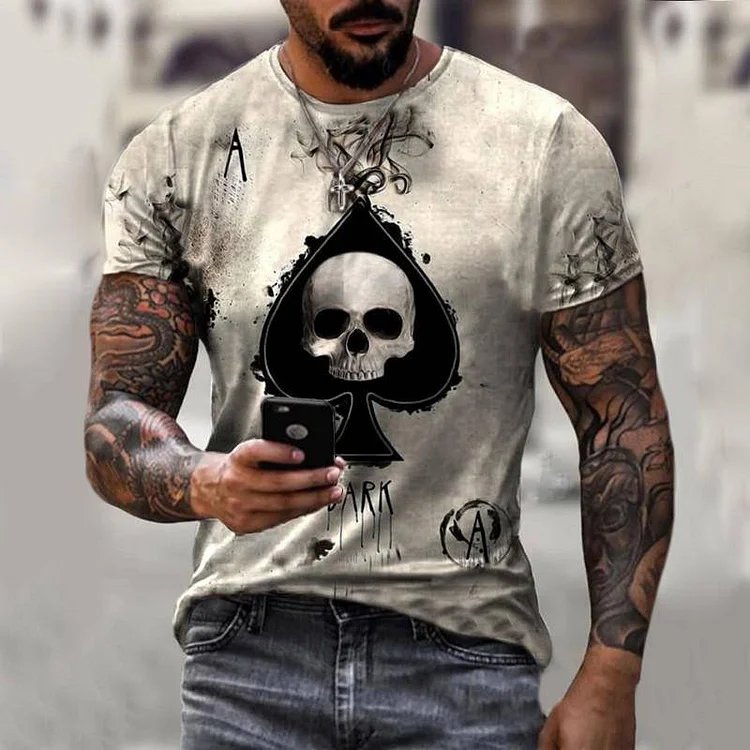 Skull Pattern Street Punk Style Summer Men's T-shirts at Hiphopee