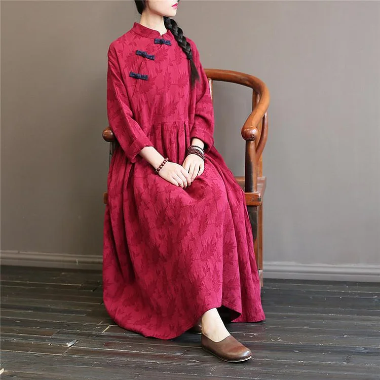 French big hem cotton stand collar quilting dresses Catwalk burgundy cotton robes Dress