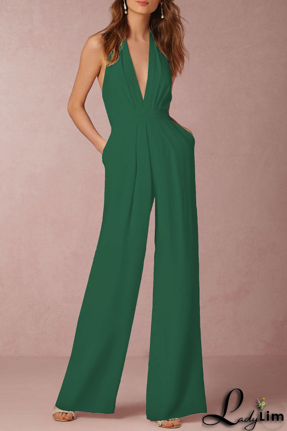 Sexy Elegant Solid Backless Fold V Neck Regular Jumpsuits(12 Colors)