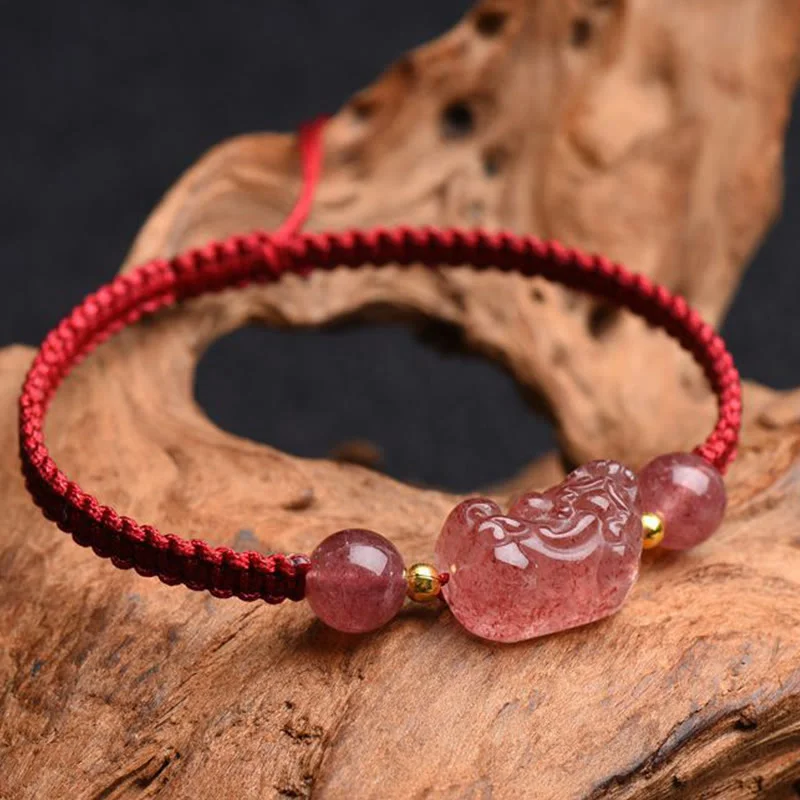 Natural Strawberry Quartz PiXiu Lucky Red String Bracelet