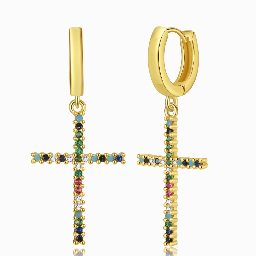 Multicolored Cross Gold Earrings