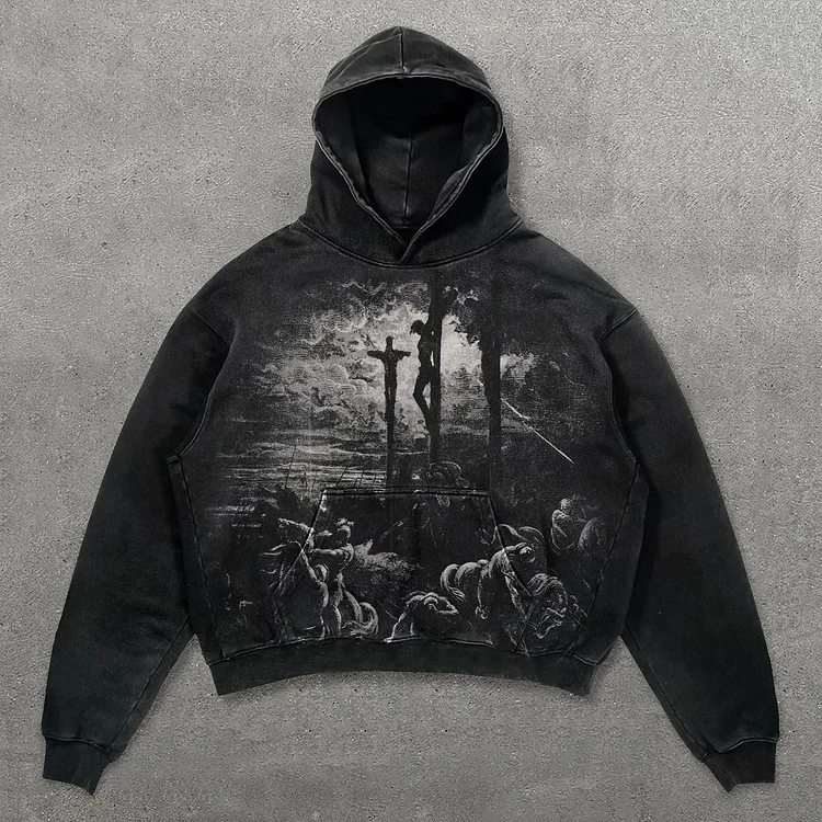 Relaxed Vintage Jesus Cross Print Graphic Casual Street Washed Hoodie