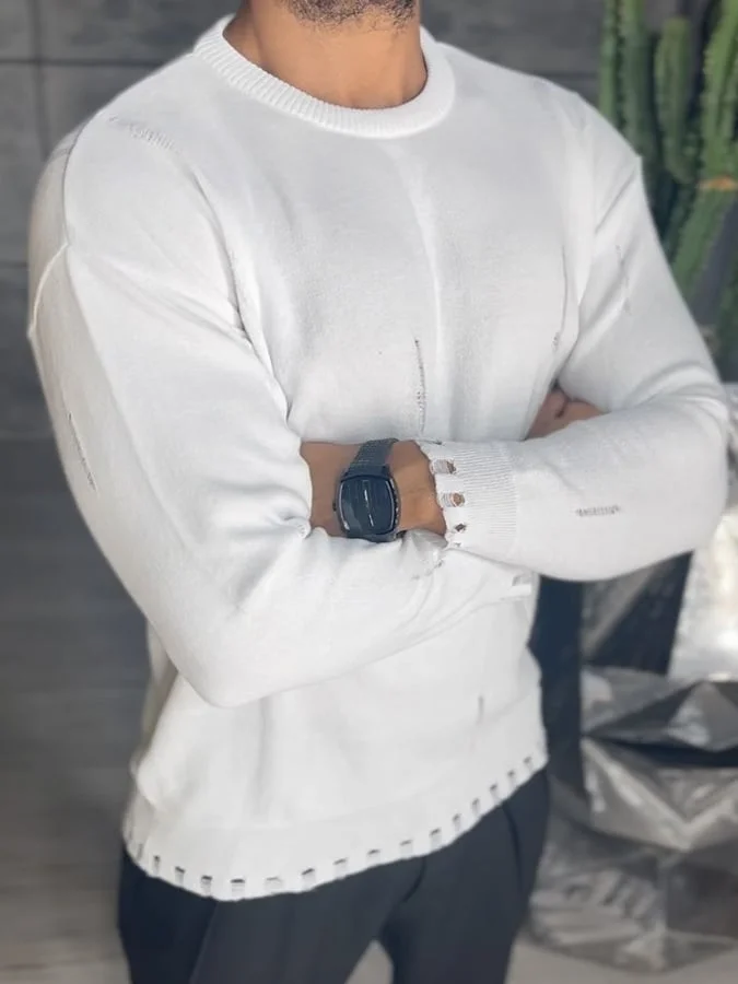 Men'S Fashion Ripped Round Neck Long Sleeve Sweater 