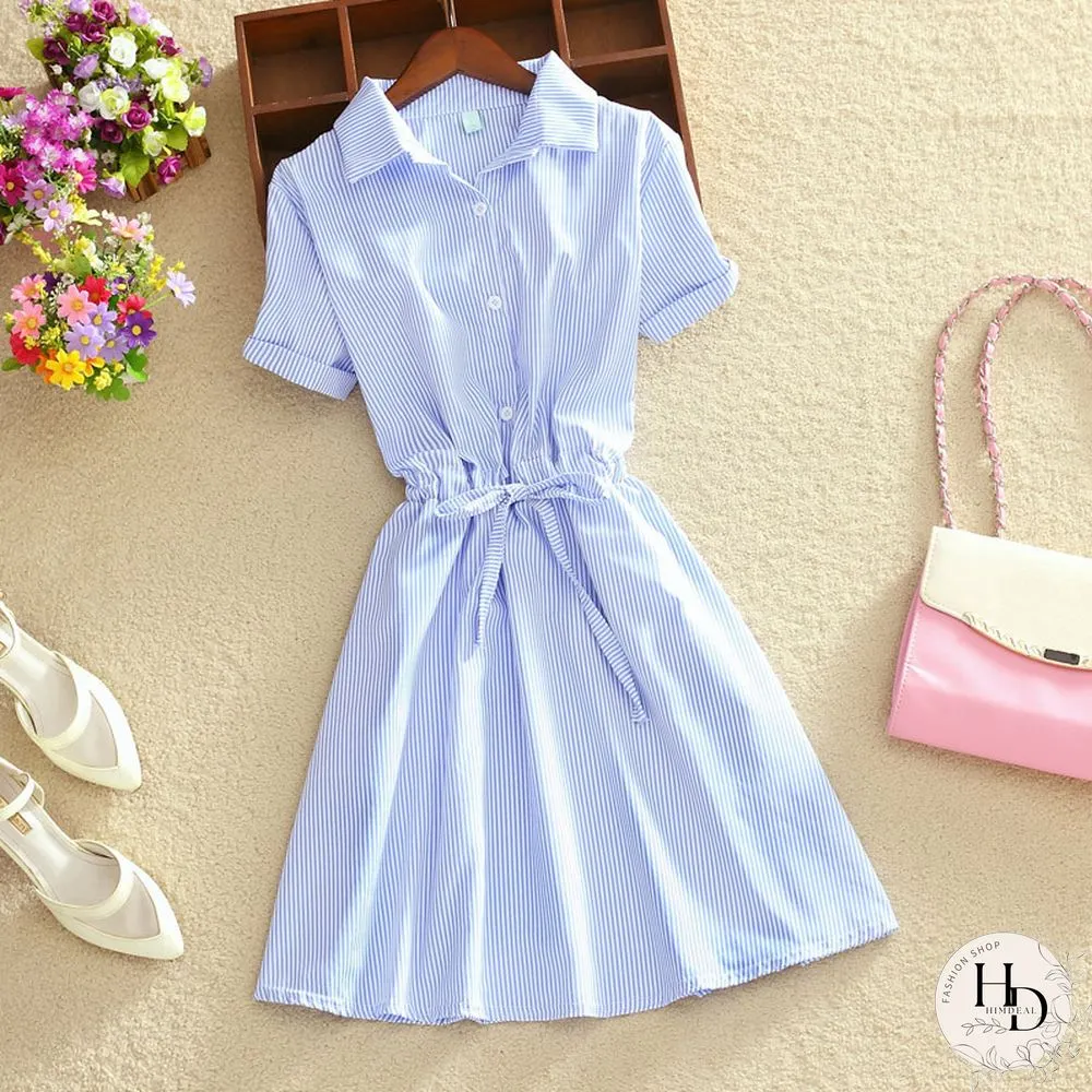 Elegant Office Summer Dress Shirt Blue Striped Cotton Turn Down Collar Wear Work Shirts
