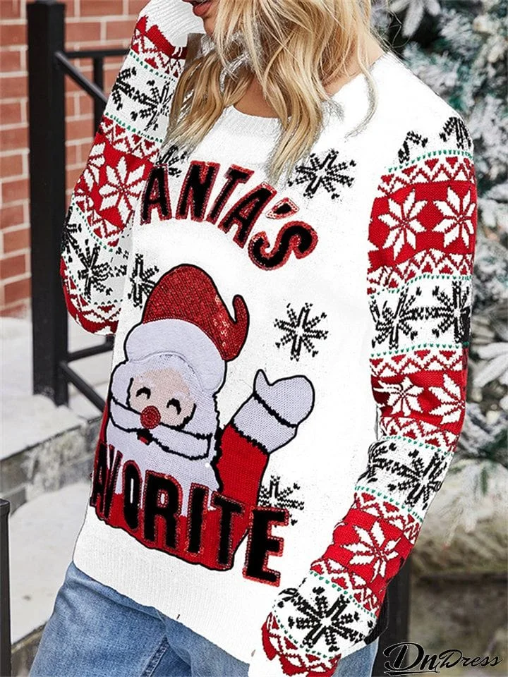 Santa Claus Embroidery Round Neck Pullover Women Knitted Sweater for Christmas Party