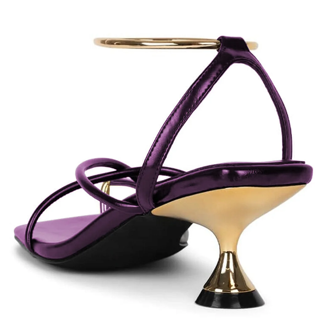 Shiny Vegan Leather Golden Toe-Ring Ankle Strap Sandals in Purple